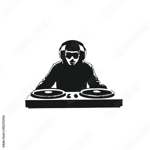 A DJ wearing a black hooded jacket and sunglasses, mixing music on a turntable