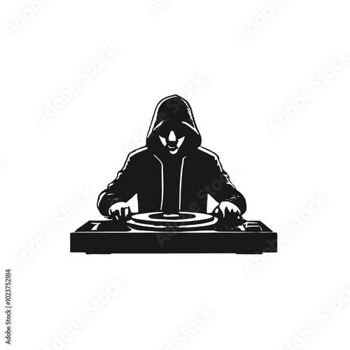 A DJ wearing a black hooded jacket and sunglasses, mixing music on a turntable