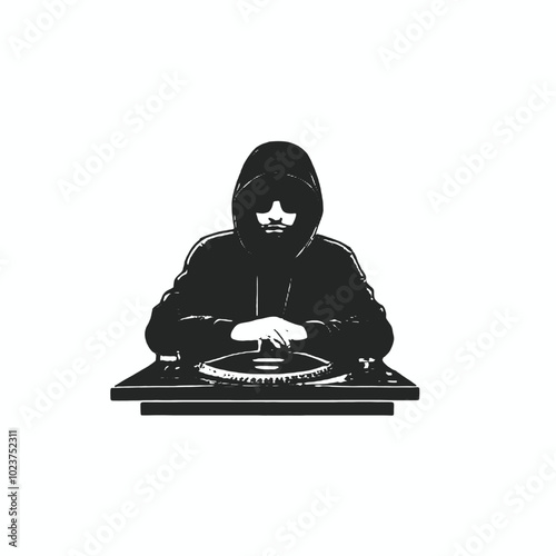 A DJ wearing a black hooded jacket and sunglasses, mixing music on a turntable