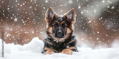 german shepherd puppy in the winter snow photo