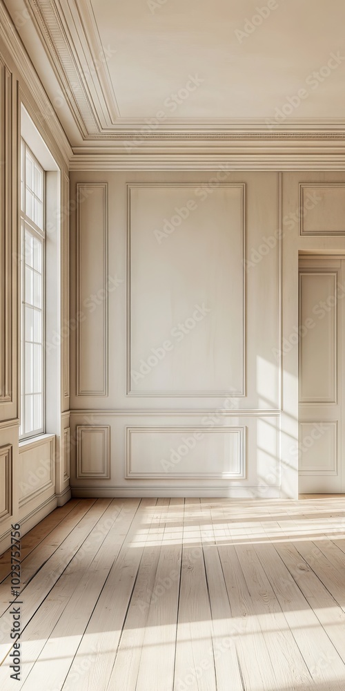 A large, empty room with a white wall and wooden floors A large, empty room with a white wall and wooden floors