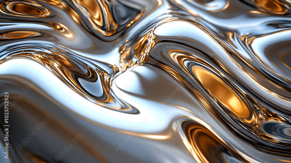 Flowing metallic surface with shimmering gold and silver tones reflecting light in an artistic abstract design Flowing metallic surface with shimmering gold and silver tones reflecting light in an artistic abstract design