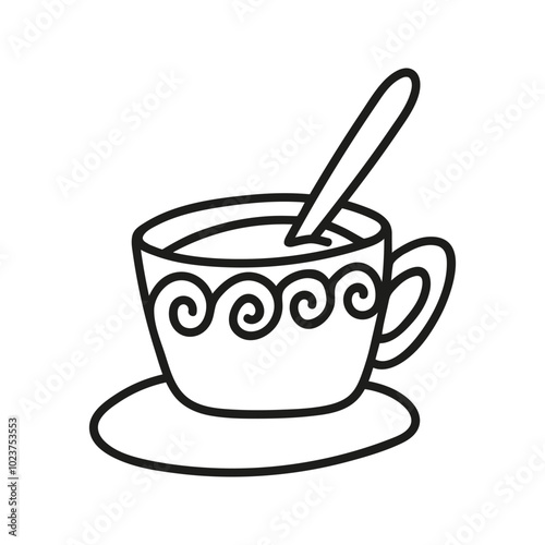 Simple hand drawn coffee cup with small spoon. Kitchen utensils doodle illustration