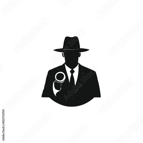 A silhouette of a man wearing a hat and holding a magnifying glass, 