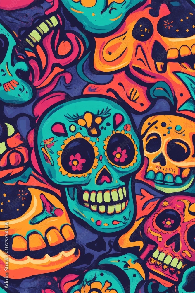 Bright and intricate Day of the Dead sugar skulls illustration featuring vivid colors and detailed floral and geometric patterns. Bright and intricate Day of the Dead sugar skulls illustration featuring vivid colors and detailed floral and geometric patterns.