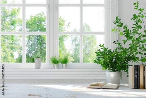 Desk with green plant and spring view through window.