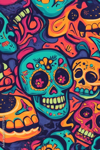 Bright and intricate Day of the Dead sugar skulls illustration featuring vivid colors and detailed floral and geometric patterns.