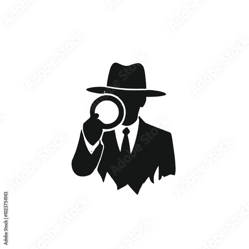 A silhouette of a man wearing a hat and holding a magnifying glass, 
