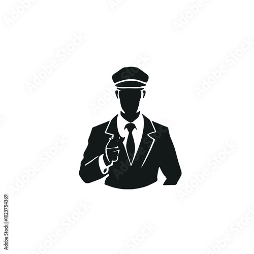 A silhouette of a man wearing a hat and holding a magnifying glass, 