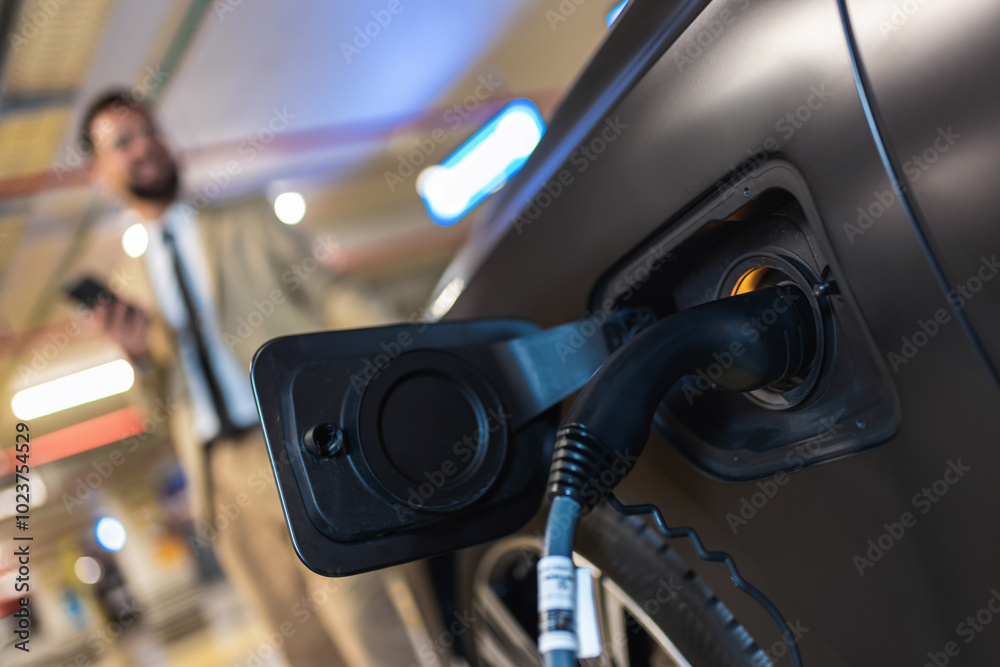 Young businessman using his phone at the charging station while his electric car is charging. Eco electric car concept Young businessman using his phone at the charging station while his electric car is charging. Eco electric car concept
