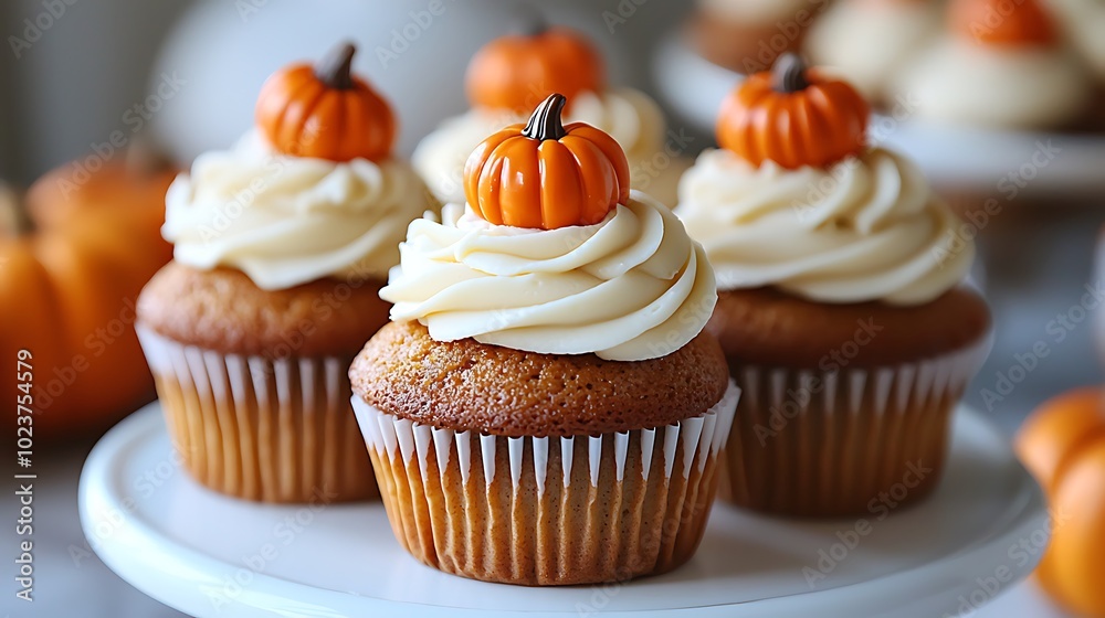 Pumpkin spice cupcakes, topped with cream cheese frosting and mini fondant pumpkins, Pumpkin spice cupcakes, topped with cream cheese frosting and mini fondant pumpkins,