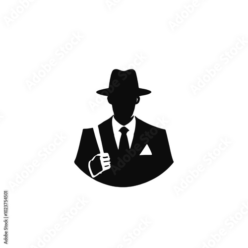 A silhouette of a man wearing a hat and holding a magnifying glass, 