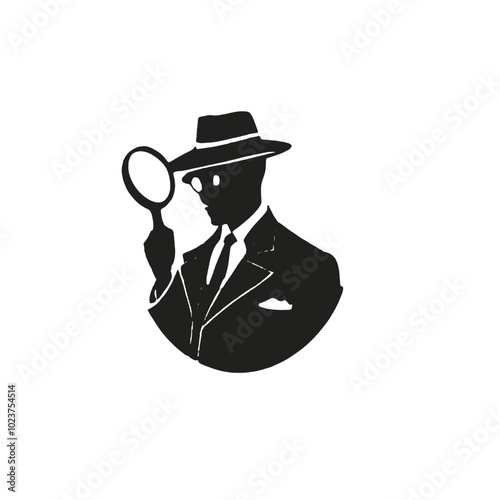 A silhouette of a man wearing a hat and holding a magnifying glass, 