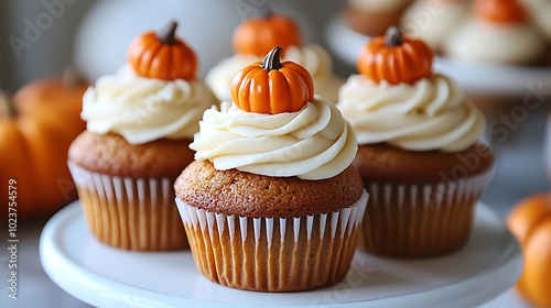 Pumpkin spice cupcakes, topped with cream cheese frosting and mini fondant pumpkins, 