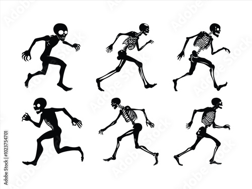 Running Skeleton Silhouettes – Halloween Creepy Skeleton Figures in Motion.