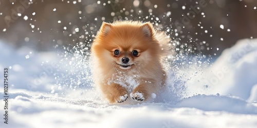 pomeranian puppy in the winter snow 