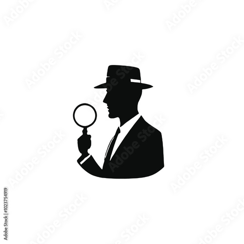 A silhouette of a man wearing a hat and holding a magnifying glass, 