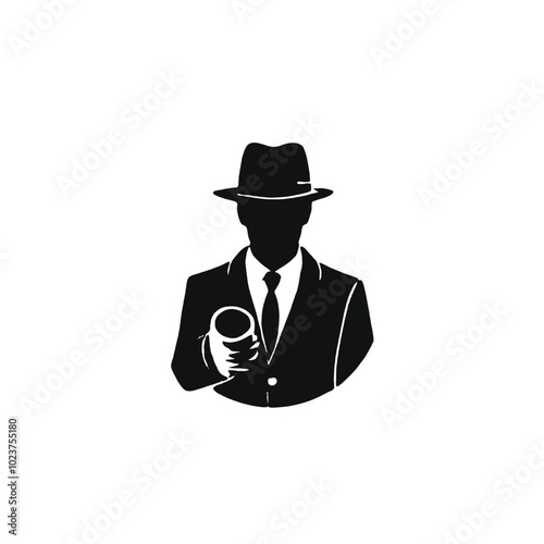 A silhouette of a man wearing a hat and holding a magnifying glass, 