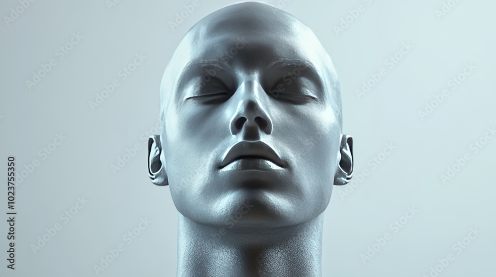 A man's head is shown in a silver color