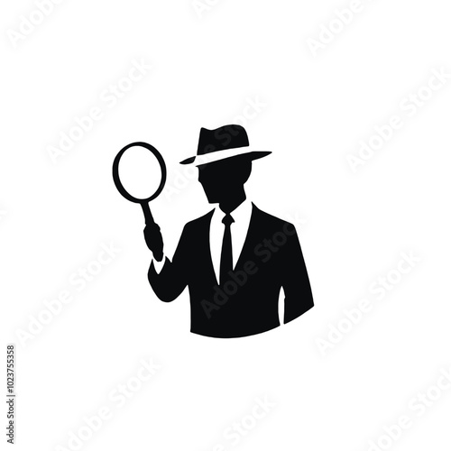 A silhouette of a man wearing a hat and holding a magnifying glass, 