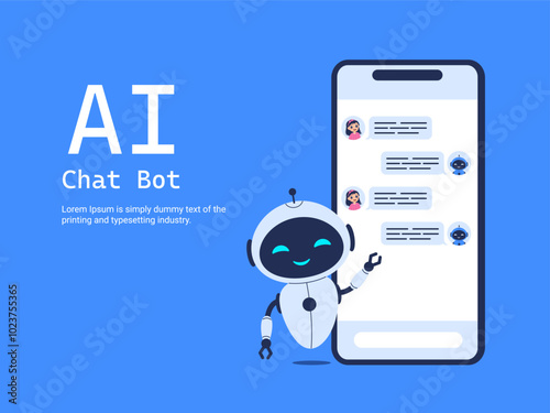 Chatbot concept featuring robot and chat between human and robot. Vector illustration for AI communication, customer service designs and digital assistant projects