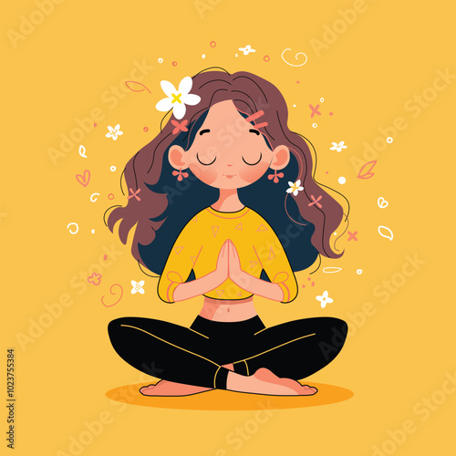 Cute cartoon girl in yoga lotus position.