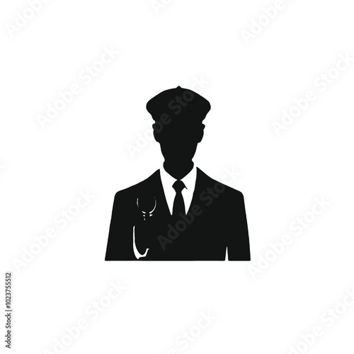 A silhouette of a man wearing a hat and holding a magnifying glass, 