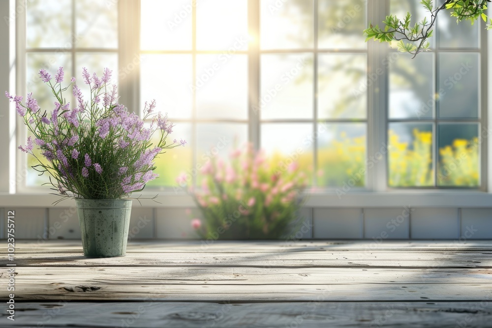 Table background with spring landscape and green plant. Table background with spring landscape and green plant.
