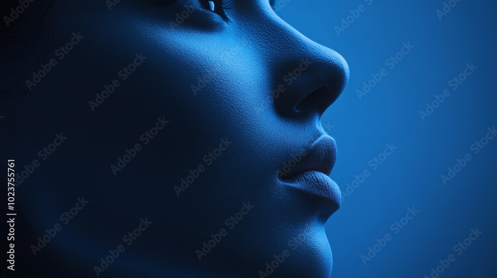 A woman's face is shown in a blue background A woman's face is shown in a blue background