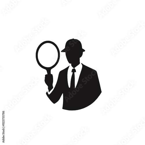 A silhouette of a man wearing a hat and holding a magnifying glass, 