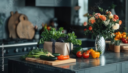 Cozy Kitchen Still Life with Fresh Produce and Floral Arrangement