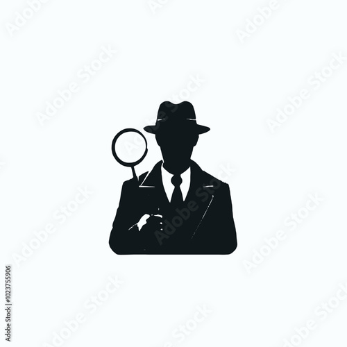 A silhouette of a man wearing a hat and holding a magnifying glass, 