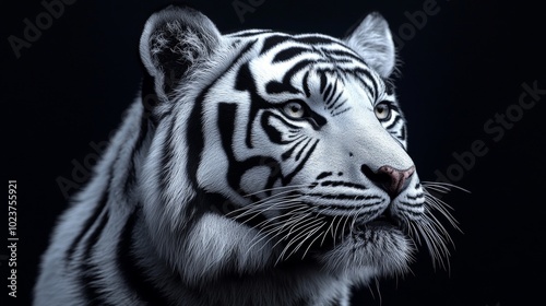 A white tiger with black stripes is staring at the camera