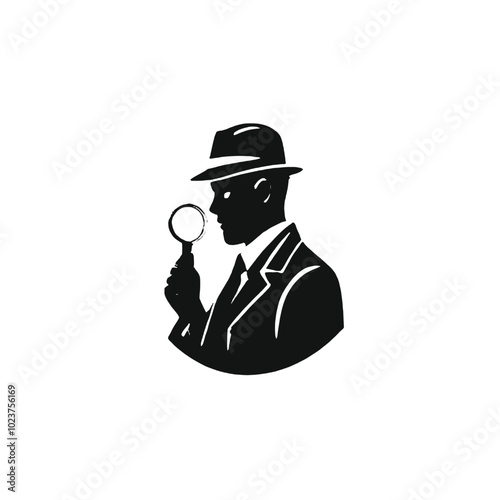 A silhouette of a man wearing a hat and holding a magnifying glass, 