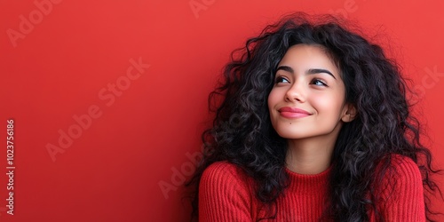 satisfied woman, solid background, copy space 