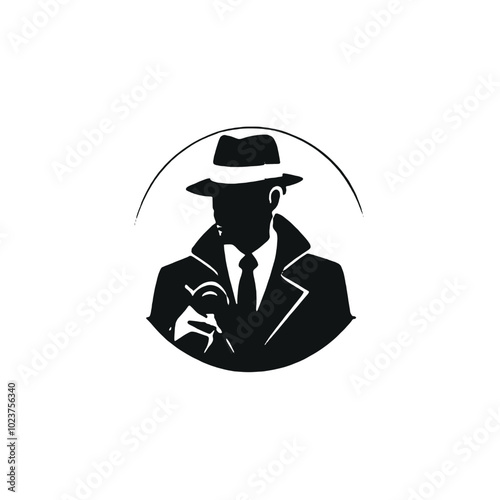 A silhouette of a man wearing a hat and holding a magnifying glass, 