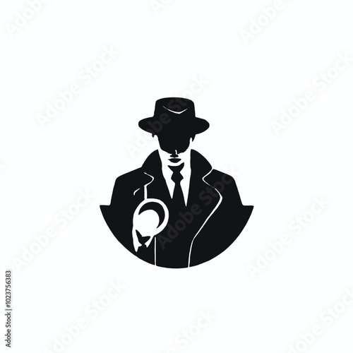 A silhouette of a man wearing a hat and holding a magnifying glass, 