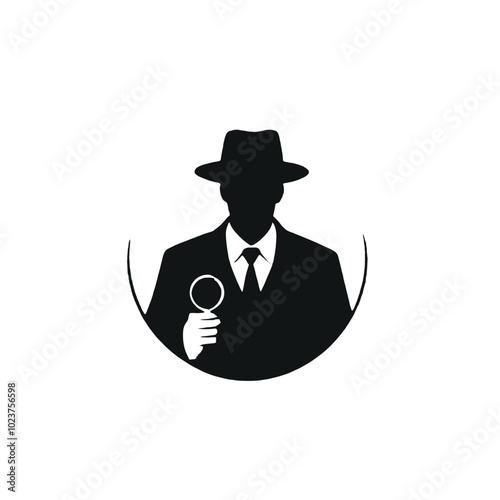 A silhouette of a man wearing a hat and holding a magnifying glass, 