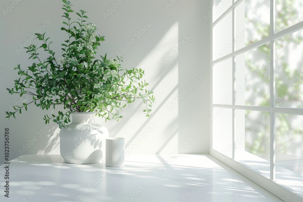 White table with green plant for decoration and spring window. White table with green plant for decoration and spring window.