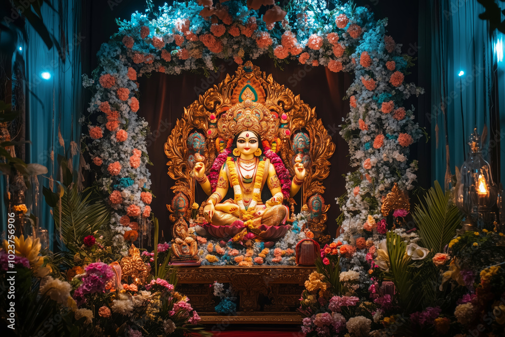 Fototapeta premium Goddess of wealth and prosperity adorned with flowers in a serene temple setting