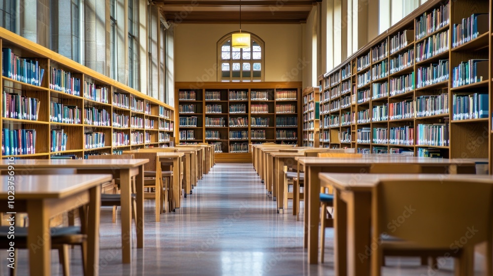 A serene library interior with wooden tables and shelves filled with books. A serene library interior with wooden tables and shelves filled with books.