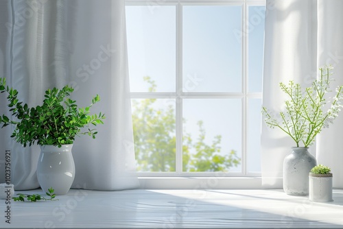 White table with green plant for decoration and spring window.