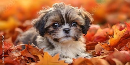 shih tzu puppy in the autumn leaves photo