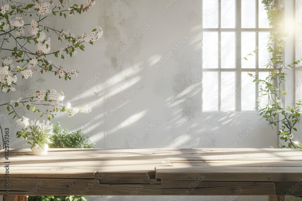 Wooden table spring window white wall with free space. Wooden table spring window white wall with free space.