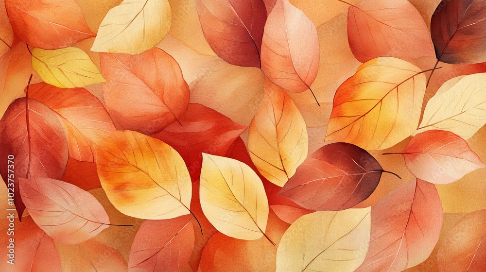 A painting of autumn leaves with a warm, orange color palette A painting of autumn leaves with a warm, orange color palette