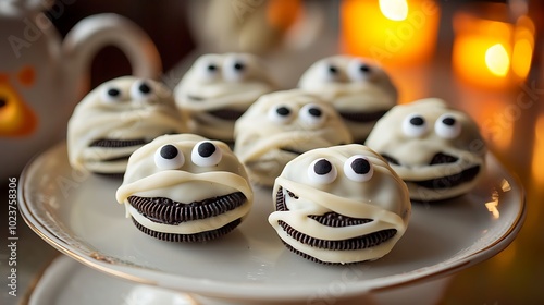 Mummy oreos, dipped in white chocolate and decorated with icing 