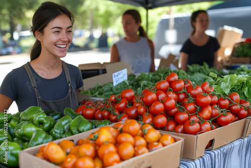 Vibrant summer farmers market with fresh organic produce and smiling vendor