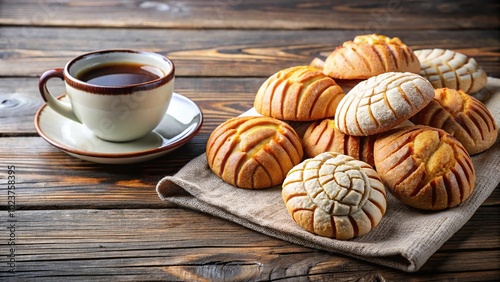 Mexican conchas sweet bread with coffee cup