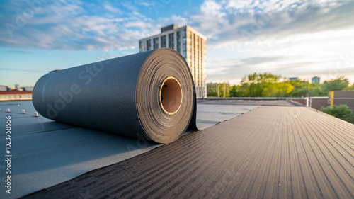 Roofing Roll on Flat Roof with City Skyline in Background photo