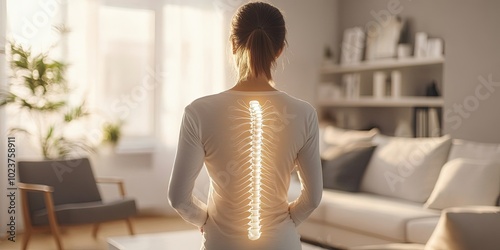 woman with back pain, glowing spine, living room photo